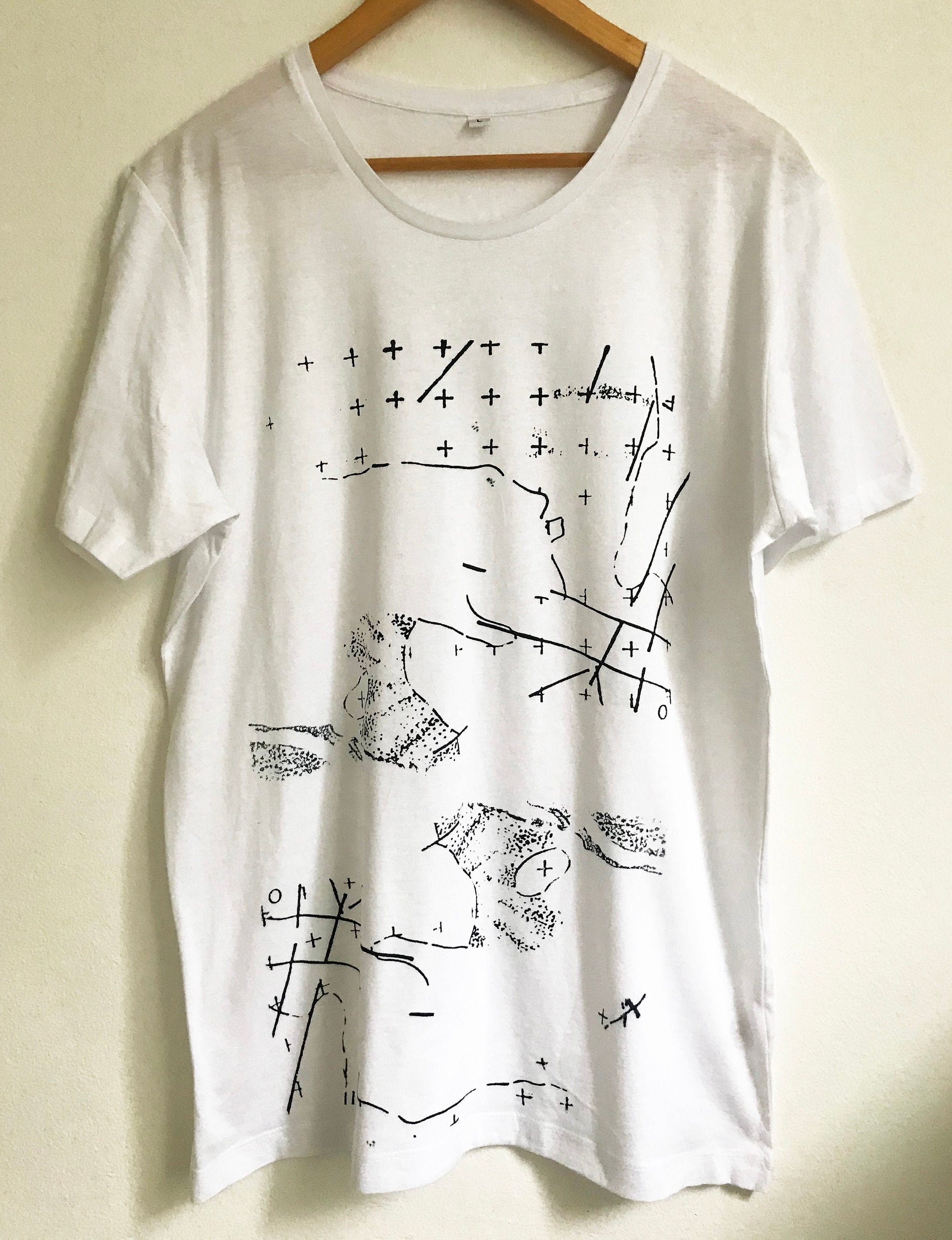 Image of Contour Abstract Map Print Men's White Cotton Lightweight Jersey T Shirt Navy Blue Contour Map Print