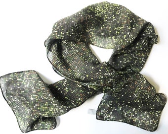 Field printed scarf one off scarf green brown black tan cream soft lightweight semi sheer muslin style poly fabric