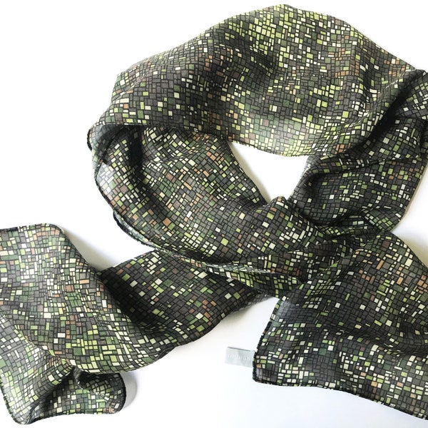 Field printed scarf one off scarf green brown black tan cream soft lightweight semi sheer muslin style poly fabric