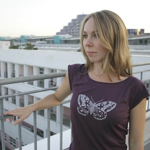 Silver Moth T shirt eggplant ethical tee screenprint on bamboo clothing women's slim fit yoga tee