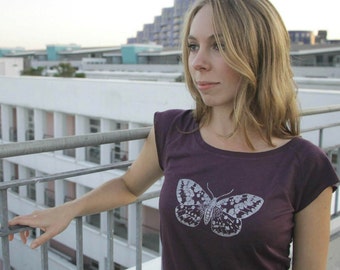 Silver Moth T shirt eggplant ethical tee screenprint on bamboo clothing women's slim fit yoga tee