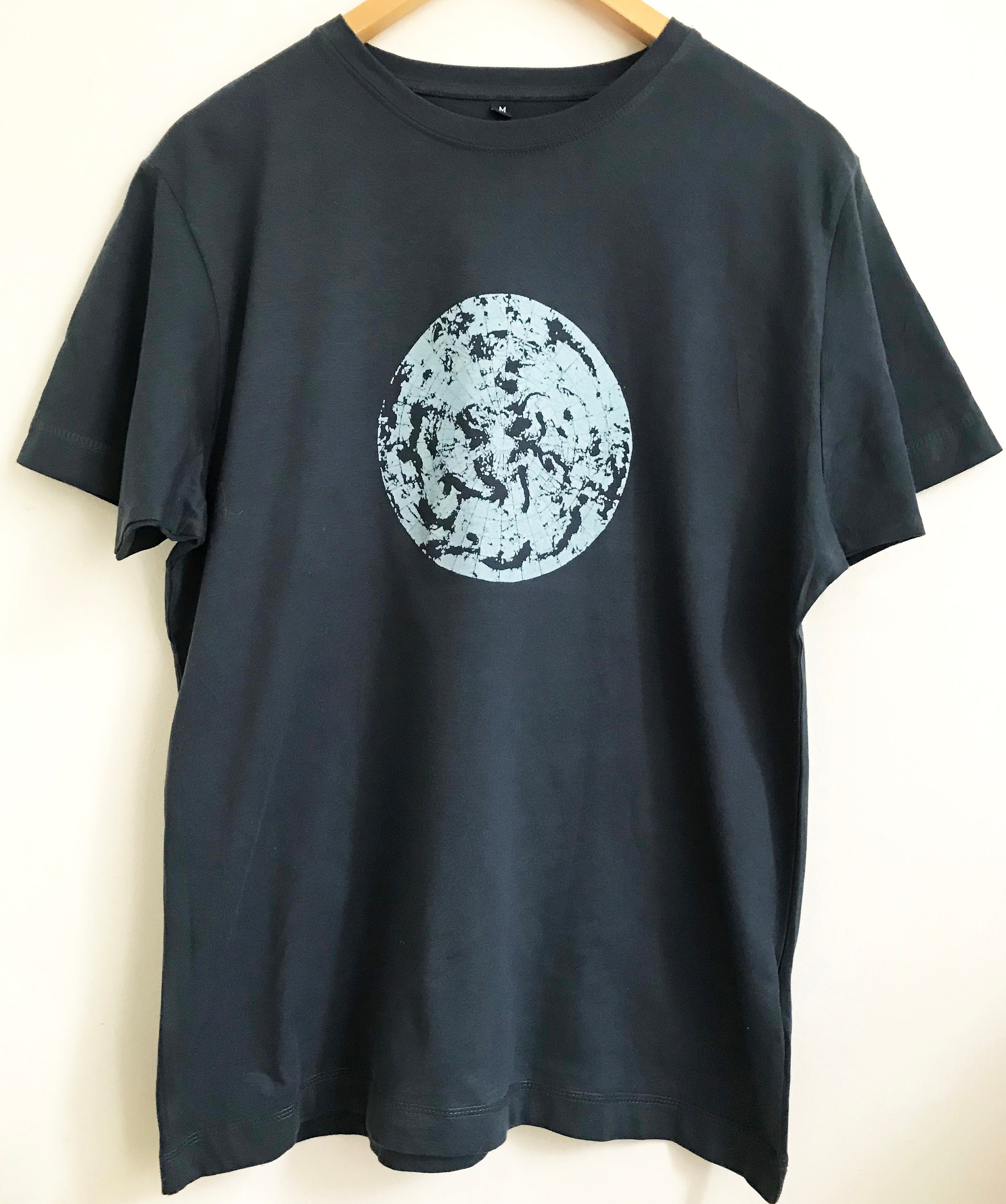 Image of Polar Circle Mens Ethical T Shirt Denim Blue Hand Printed Cotton Mens Size Medium Polar Map Climate Change Design Fair Wear
