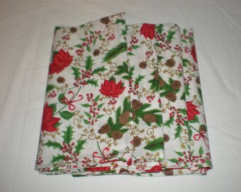 Napkins - Christmas Print with Poinsettas, Holly, and Pinecones - Set of 4