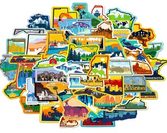 May include: A collection of colorful die-cut stickers shaped like individual United States, each featuring unique regional illustrations such as landscapes, city skylines, wildlife, and landmarks with the state name clearly printed on each piece.