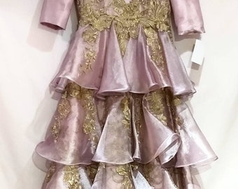 Pessi Miller Blush Pink Wedding Ball Gown: Gold Floral Embroidery, Size 6