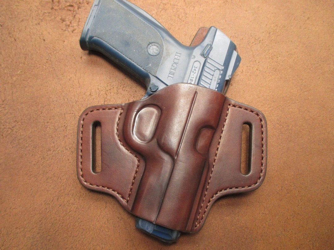 Ruger SR9c Compact OWB Leather 2 Slot Molded Pancake Belt Holster CCW TAN RH