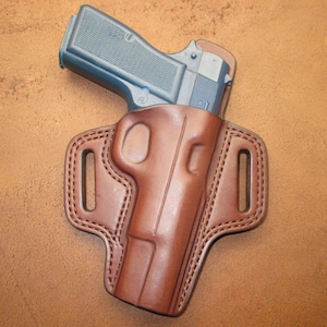 Browning Hi Power OWB Pancake Holster Brown Leather Right Hand Comfort Slide Guard US Veteran Made #hipwr pr15 hbrn a008 8-24