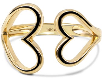 14K Yellow Gold Couple Open Heart Ring, Solid Gold Statement Band, Gift for Women