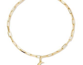 14K Gold Crescent Moon Charm Paperclip Chain Bracelet
