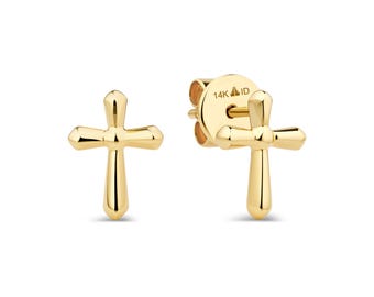 14K Gold Cross Stud Earrings