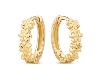 14K Gold Daisy Flower Hoop Earrings