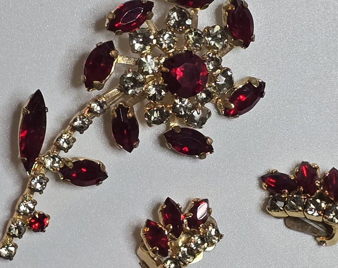 Vintage Red Crystal Flower Demi Parure