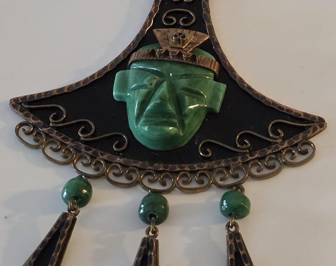 Vintage MEXICO Copper Brass Green Onyx Mayan Necklace