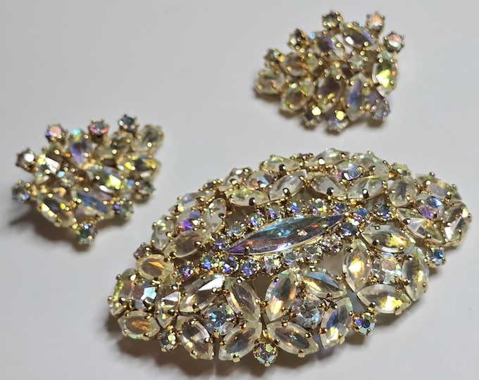 SHERMAN Aurora Borealis Crystal Demi Parure Brooch or Pendant with Earrings