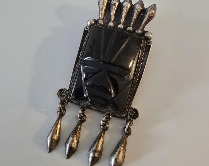 Sterling Silver and Black Onyx Mayan Brooch Mexico