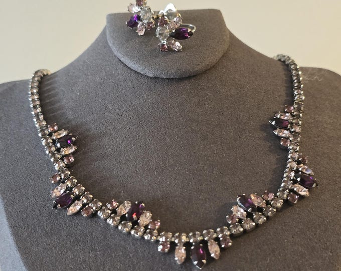 Vintage BYER BROS Crystal Necklace and Screwback Earring Set Purples