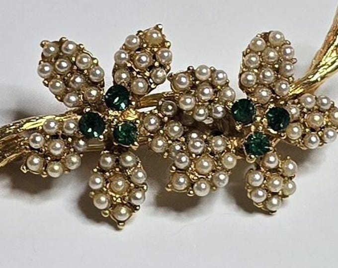 CORO Seed Pearl and Green Crystal Floral Brooch