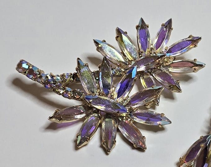 Vintage Aurora Borealis Crystal Flower Demi Parure