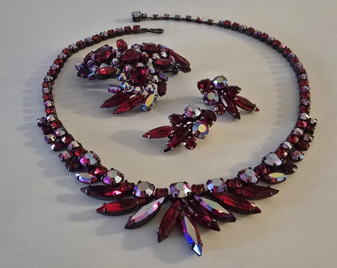SHERMAN Siam Red Swarovski Crystal Jappanned Necklace, Brooch and Earring Set