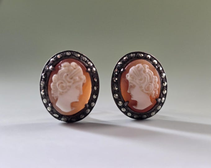 Victorian 800 Silver Shell Cameo Clip On Earrings with Marcasite