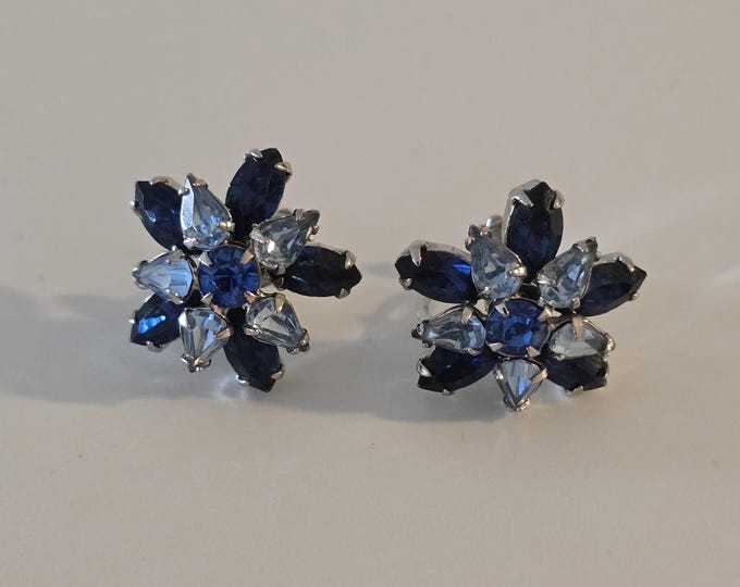 SHERMAN Blue Crystal Flower Screwback Earrings