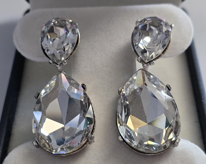 Vintage Kenneth Jay Lane Crystal Teardrop Statement Earrings Clip On
