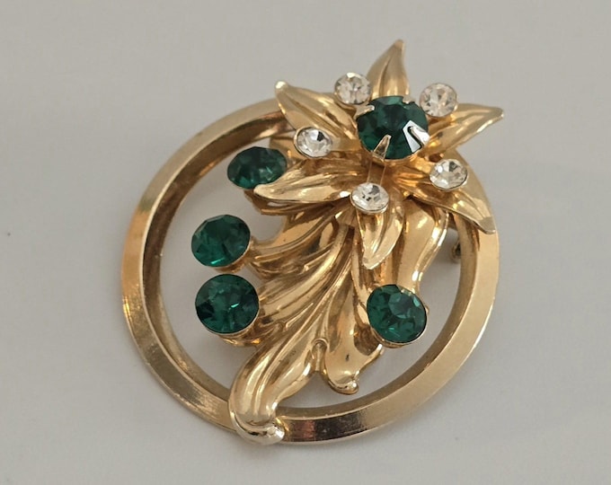 Vintage CORO Gold Tone Brooch with Clear and Green Crystals