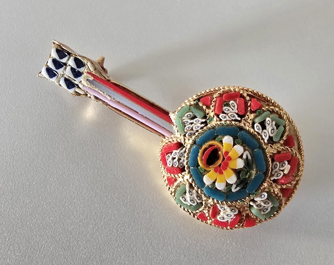 Vintage Italy Micro Mosaic Banjo Brooch
