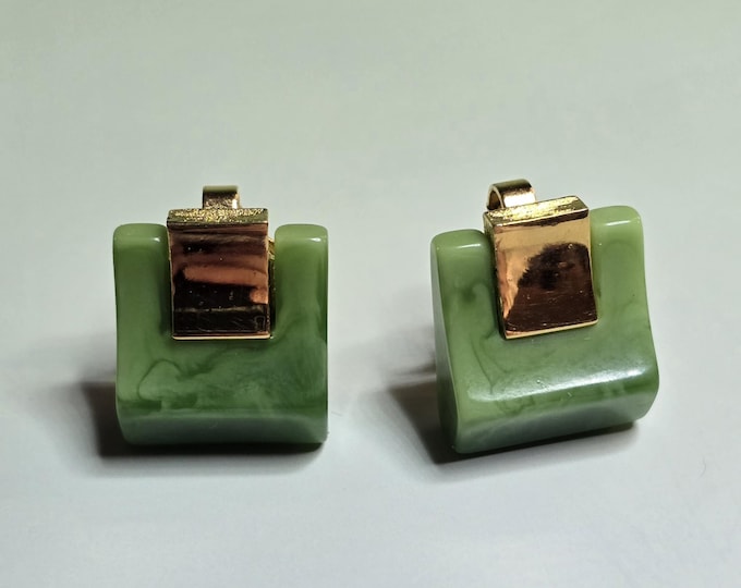 1960s Trifari Geometric Green and Goldtone Clip On Earrings
