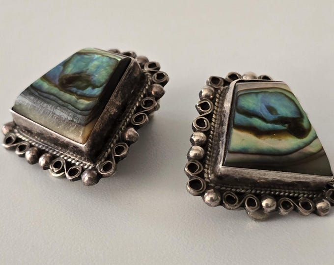 C1970 Mexico Sterling Silver and Abalone Clip Earrings - Crown Hallmark