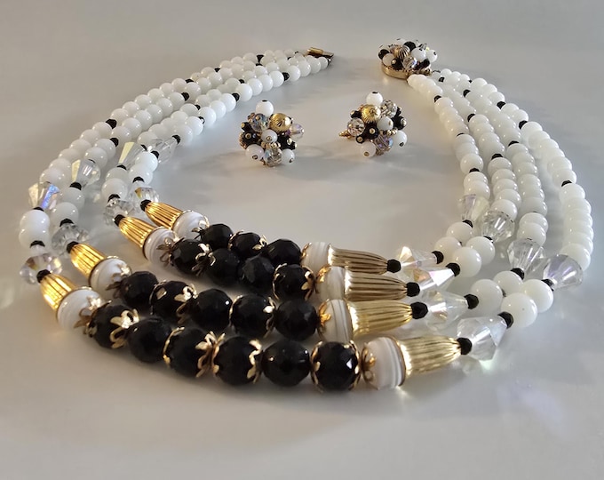 1960's VENDOME 4 Strand Glass and Crystal Bead Necklace Matching JEWELCRAFT Earrings