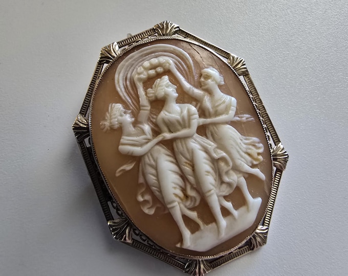 14k Gold Three Graces Carved Cameo Pendant Brooch
