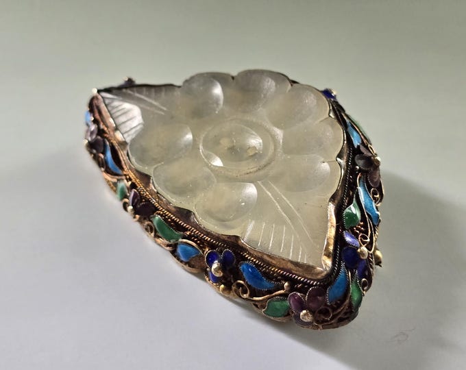 Antique Carved Jade, Sterling Silver and Enamel Brooch
