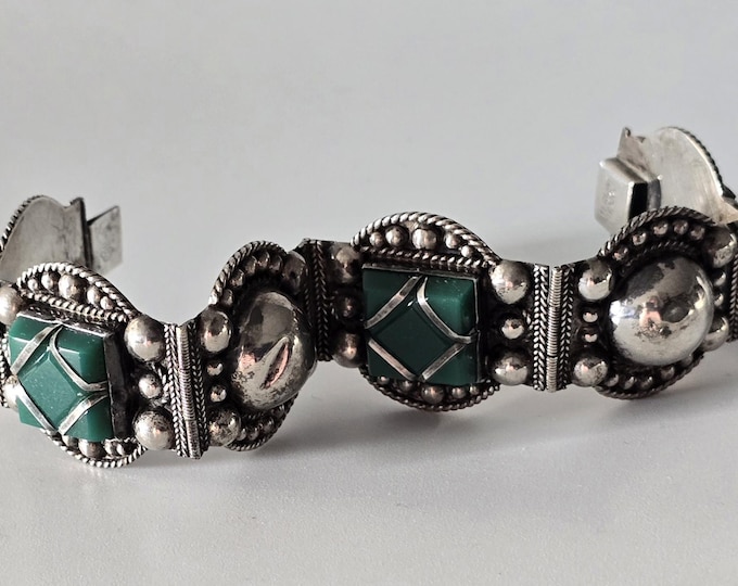 Vintage Sterling Silver Mexico 6 Panel Green Onyx Bracelet