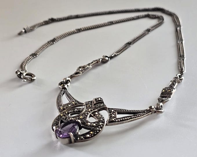 Sterling Silver Marcasite and Amethyst Lavalier Necklace