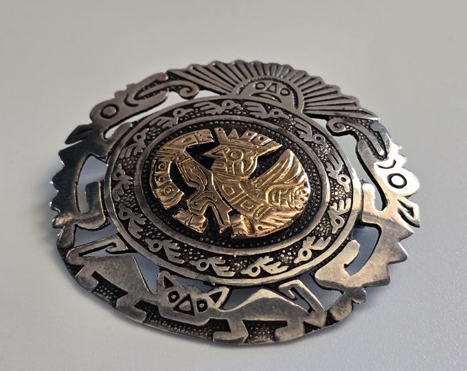 18K Gold and Sterling Silver Aztec Brooch