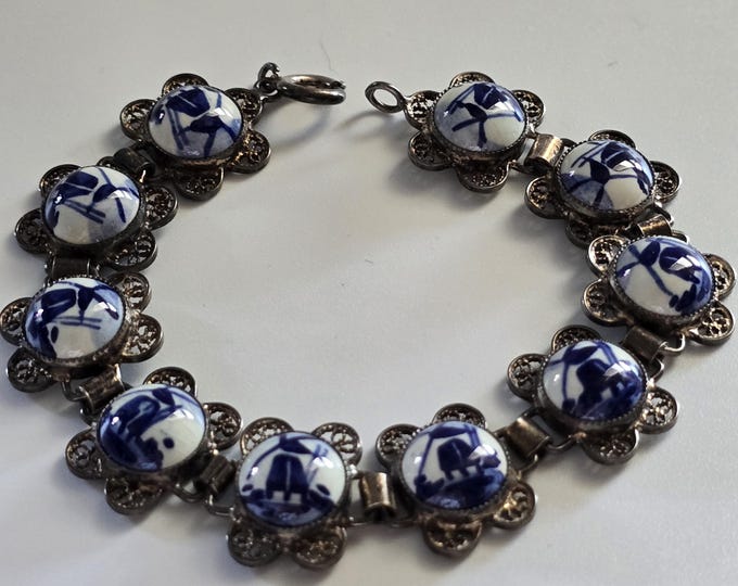 Vintage Filigree Sterling Silver Delft Bracelet
