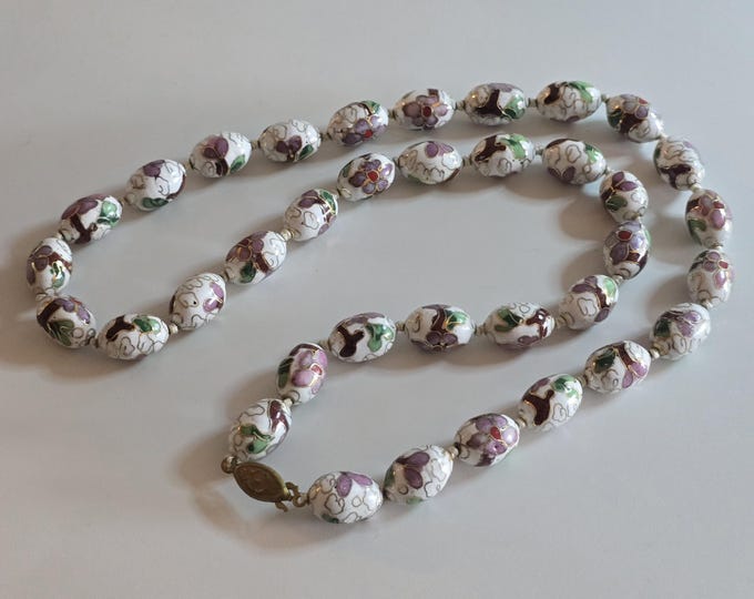 Vintage Cloisonne White Porcelain Hand Knotted Necklace