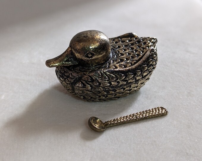 Tiny Vintage Brass & Enamel Duck Trinket Box with Tiny Spoon