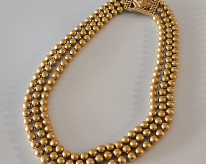 Vintage MONET Three Strand Metal Bead Necklace Snap Closure