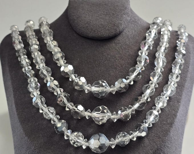 Vintage Coro Triple Strand Silver Crystal Necklace