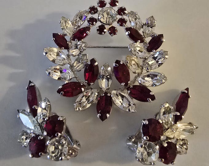 SHERMAN Siam Red and Ice Swarovski Crystal Brooch and Earring Set.