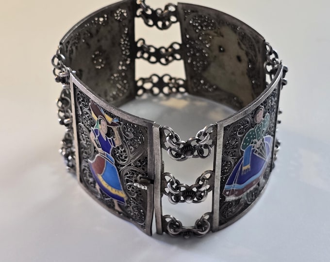 Portuguese Vintage Sterling Silver Filligreed 4 Panel Enamel Bracelet