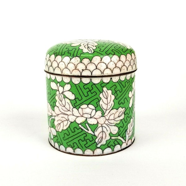 Vtg Chartreuse Cigarette Box Cloisonne Jar Lid Green Chinoiserie Enamel Flowers