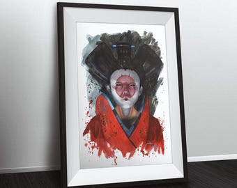 Ghost in the shell Geisha - Watercolour print - signed - size A3