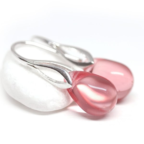 Rose pink drop earrings Blush pink teardrop briolette glass earrings for women