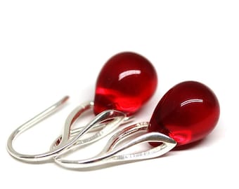 Red drop Sterling silver earrings Czech glass briolette jewelry