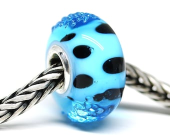 Blue glass charm European style bracelet, Bright blue Murano glass bead lampwork SRA