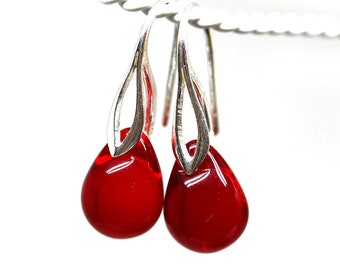 Red drop earrings Sterling silver teardrop jewelry
