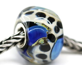 European jewelry glass large hole bead, Blue black handmade lampwork silver cored charm